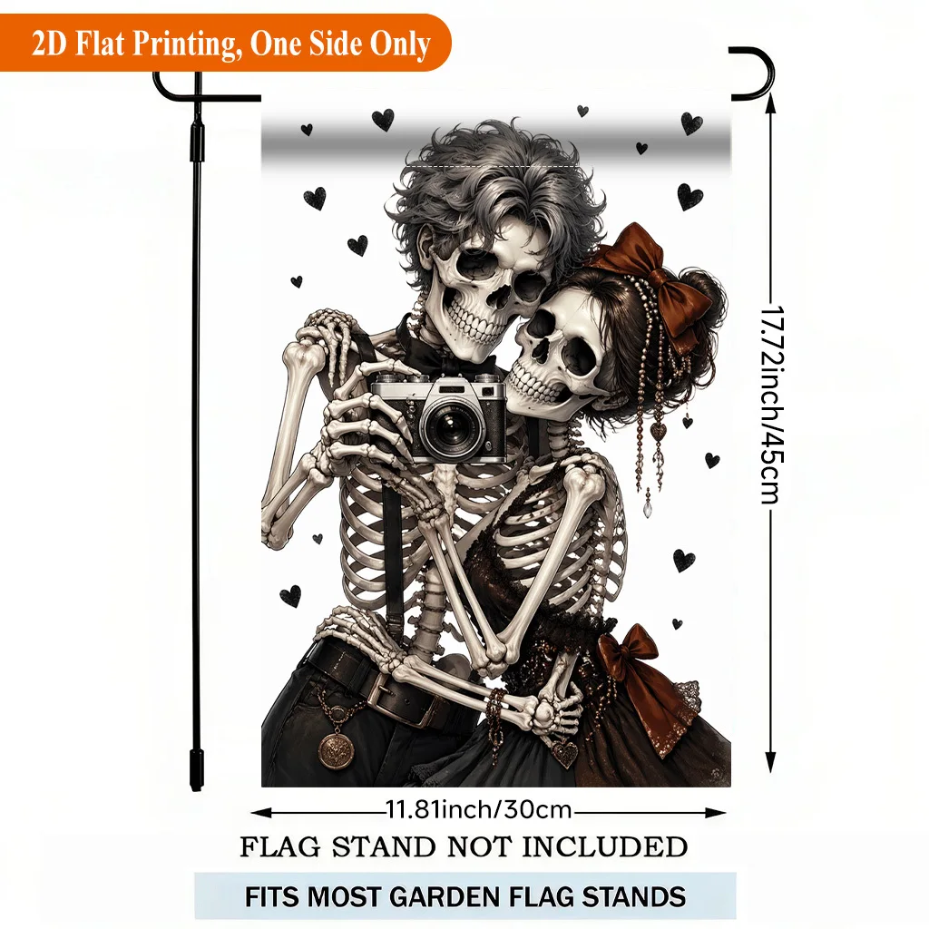 2D Flat Garden Flag 1 Piece, Skeletal Figure Photographed with Camera, Holiday Courtyard Outdoor Flag, Suitable for Outdoor Home and Courtyard Holiday Decoration, Valentine's Day, Mother's Day, Excluding Flagpole (Flag Only)