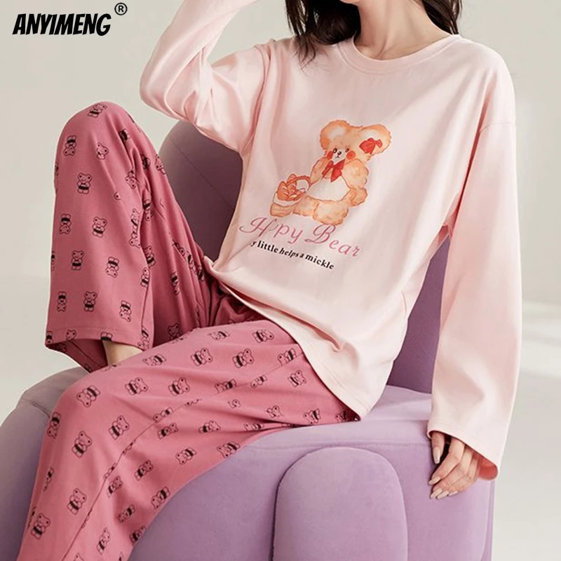 Cute Cartoon Long Sleeves Girl Nightwear Lady Homesuit Mujer Sleepwear Loungewear Women Autumn Spring Woman Pajamas Set Pullover