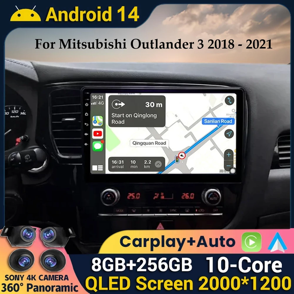 Android 14 CarPlay Auto Car Radio For Mitsubishi Outlander 3 III GF0W GG0W 2018 2019 2020 2021 Multimidia Video Player Stereo 4G