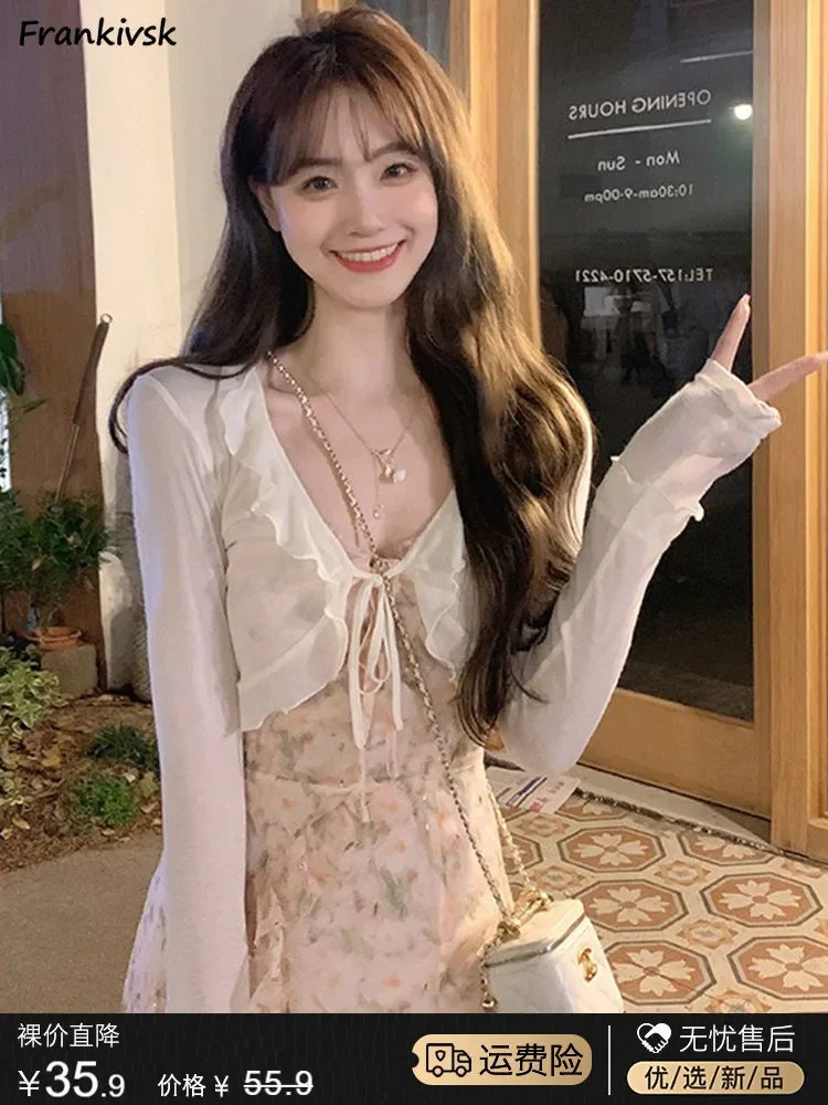 Volant Giacche Donna Lace-up Estate Resistente al sole Sheer Solido Semplice Dolce Elegante Quotidiano Sottile Stile coreano Fairycore Elastico Sottile