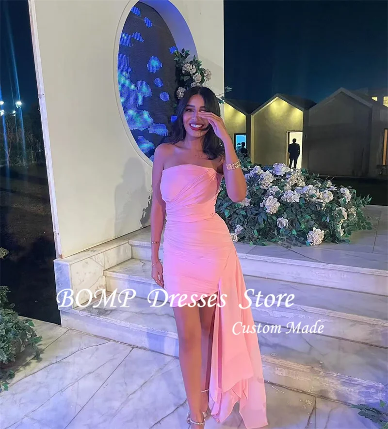 BOMP 간단한 핑크 미니 짧은 칵테일 댄스 파티 드레스 생일 공식 이브닝 가운 Strapless 쉬폰 여름 스커트 맞춤형