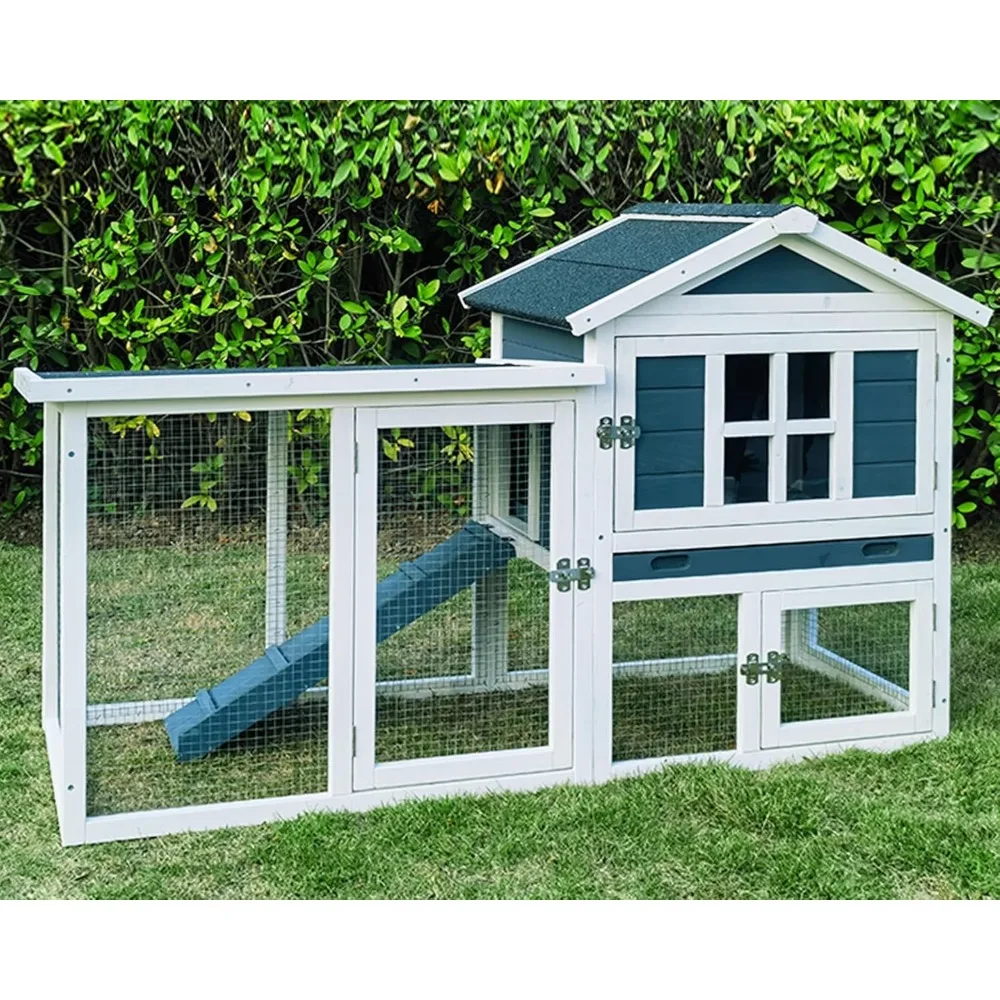 

Large Outdoor Rabbit Hutch Weatherproof 2-Story Chicken Coop & Bunny Cage, Wooden Indoor/Outdoor Pet House with No-Leak Tray, Wa