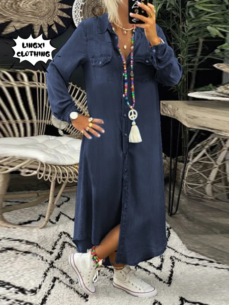 2024 Fashionable and Elegant Denim Long Dress New Poio Collar Single Breasted Denim Casual Retro Large Size Long Dress