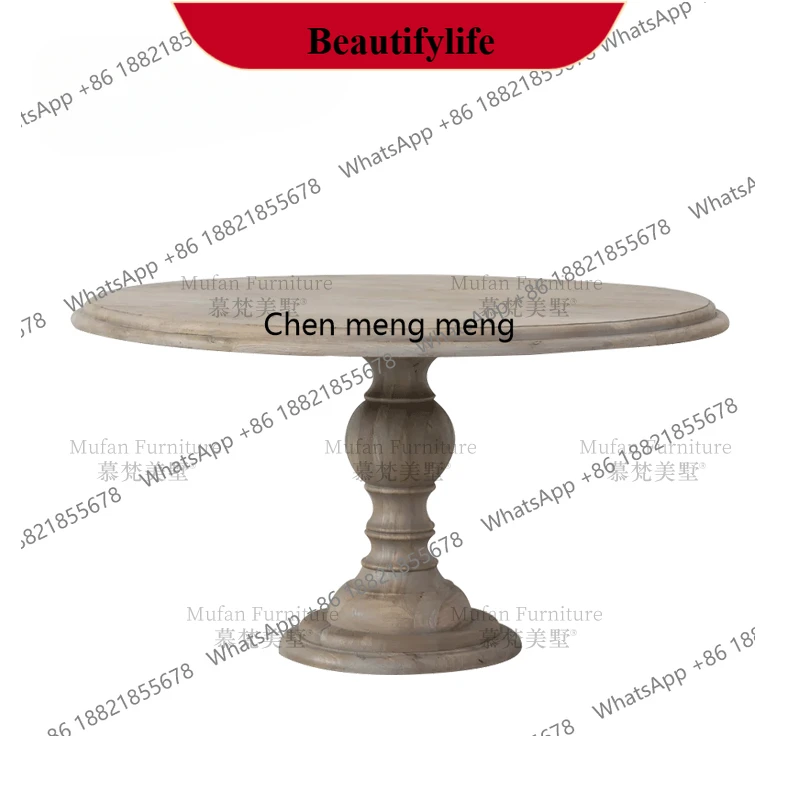 z183 Retro solid wood round dining table restaurant/old carved dining table and chair combination