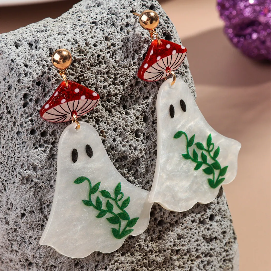 Halloween Cute Mushroom Ghost Acrylic Earrings for Women New Lovely Cartoon Spooky Green Leaves Drop Earring Party Jewelry Gifts