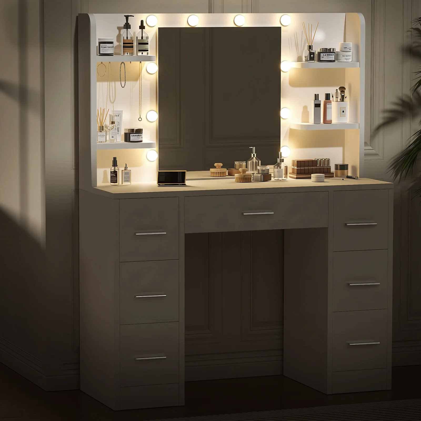 طاولة تزيين بيضاء مع إضاءة LED ومرآة، طاولة مستحضرات تجميل مع 7 أدراج، 6 أقسام، خزانة ذات أدراج حديثة لغرفة النوم