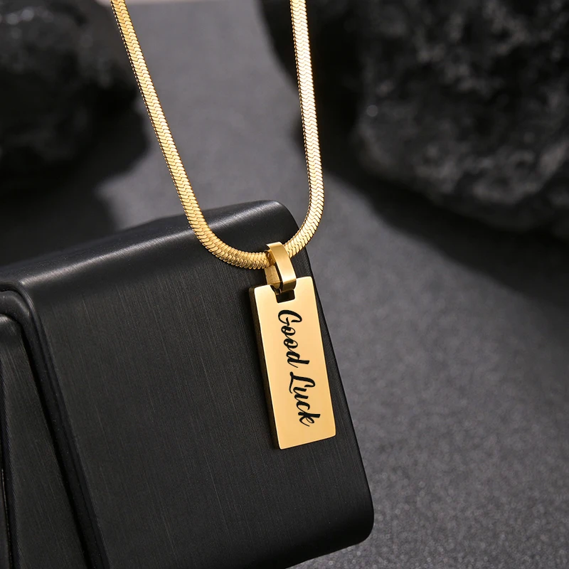 Letdiffery Engraved Photo Necklace Stainless Steel Personalized Letter Name Square Pendant Gold Color Jewerly for Women Gitfs