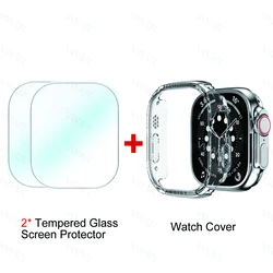 2pcs Tempered Glass Screen Protector + Protective Case for Apple Watch Ultra 49mm for Hello Watch 3 Plus HK9 Ultra 2 Accessories