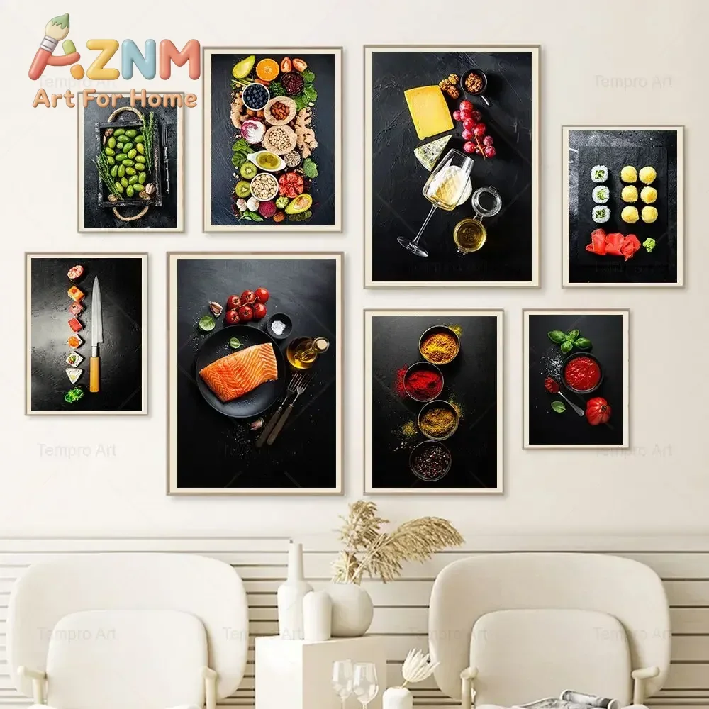AZNM Gourmet Healthy Food Canvas Poster Salmon Sushi Fruit Spice Wine Print Kitchen Restaurant Wall Art Unframed Canvas Painting