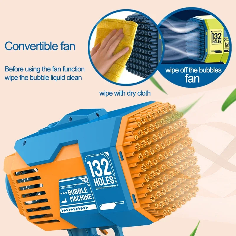 Máquina de pistola de bolhas de sabão com 132 buracos, soprador automático com luz led, brinquedos recarregáveis para crianças, meninos e meninas ao ar livre