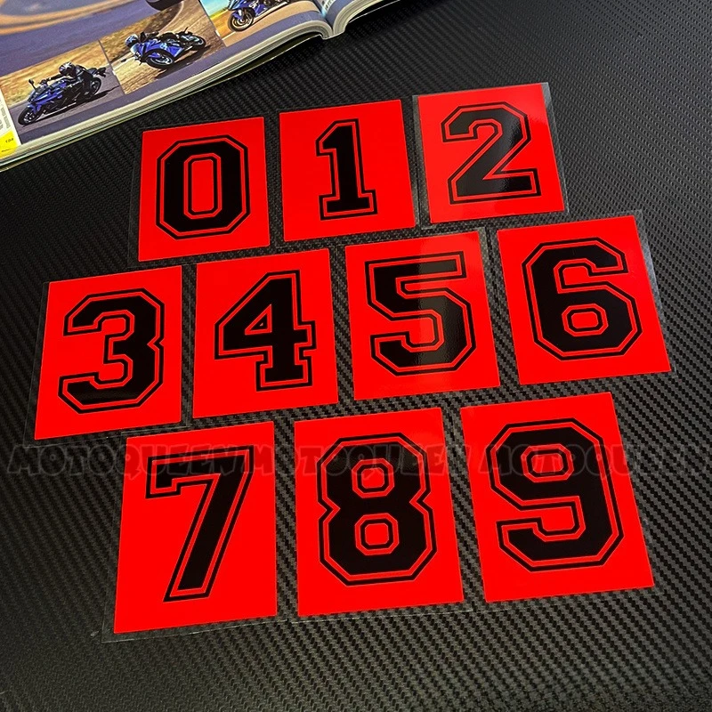 0-9 Racing Number Stickers Set, Red Background Black Outline Waterproof Decals for Motorcycle Race Car