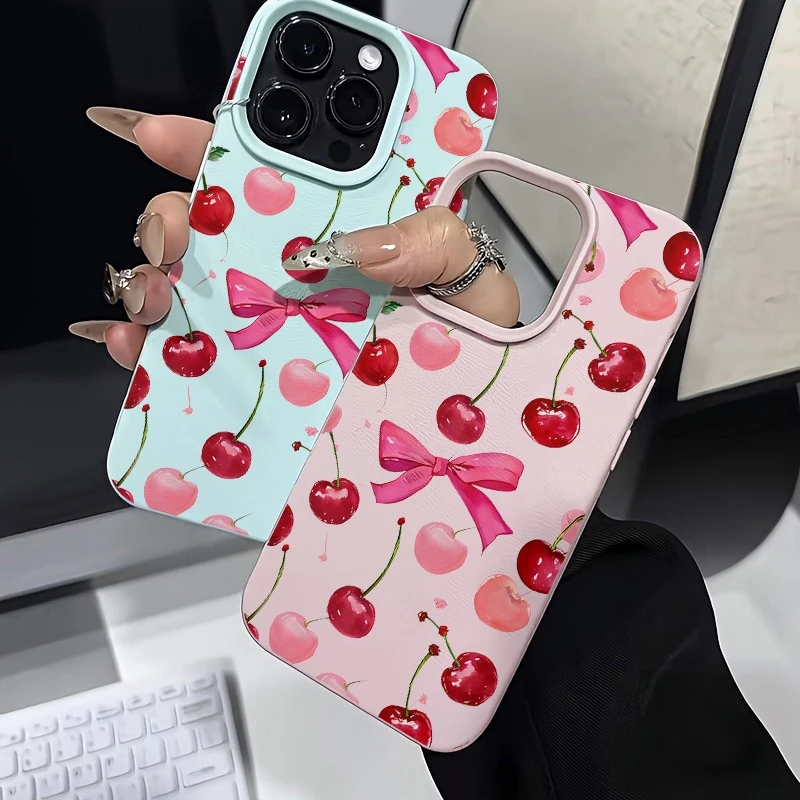 Funda de teléfono con estampado de cereza y lazo para iPhone 17Air 16 Pro Max 15 Plus 14 13 12 11 XS XR X, funda de silicona a prueba de golpes