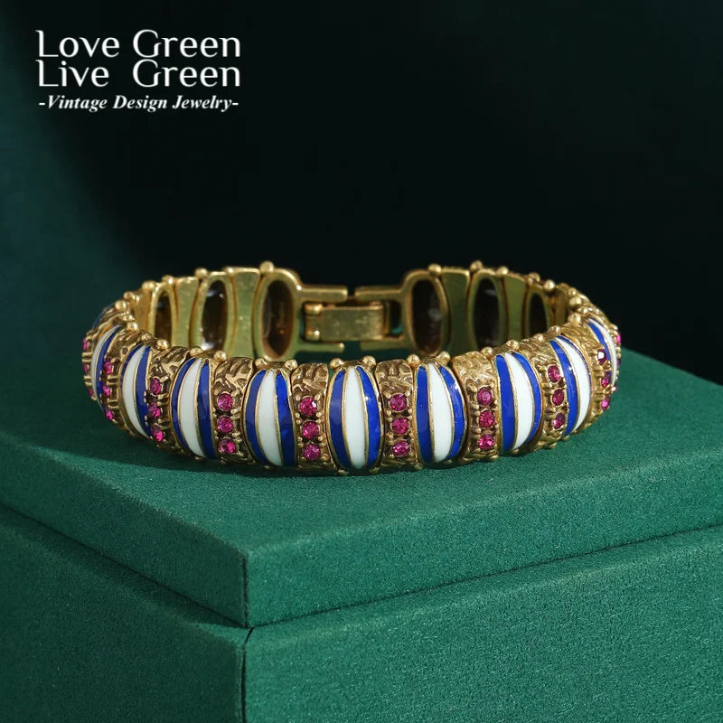 

Vintage Luxury Woman Bracelet Bangles With Designer Charms Pink Rhinestone Jewelry Antique Gold Color Blue Enamel Gifts Ramadan