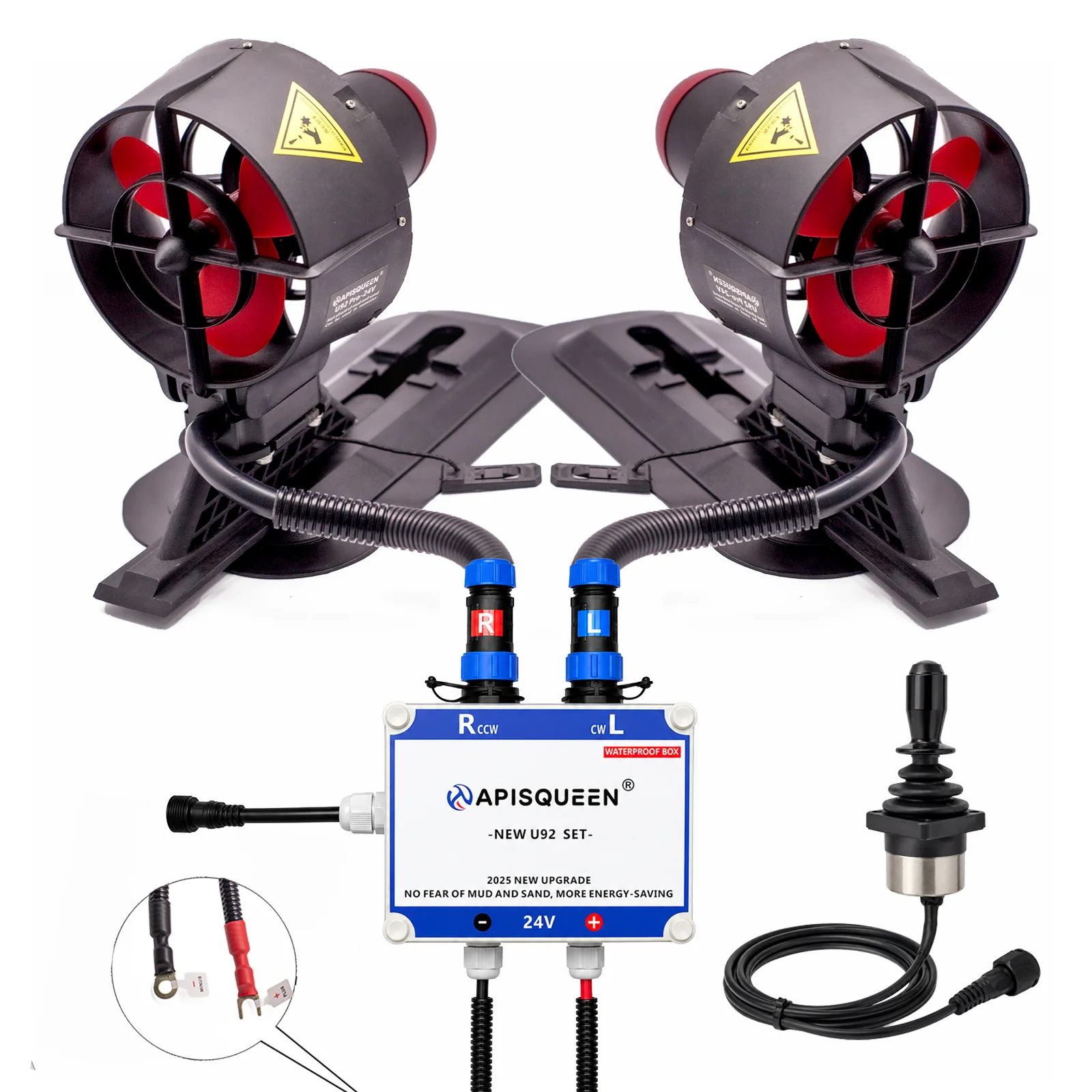 ApisQueen 21.4KG Dual Underwater Thruster Kit U92 Pro 12V 24V Remote Wired Joystick for Kayak SUP Inflatable Boat