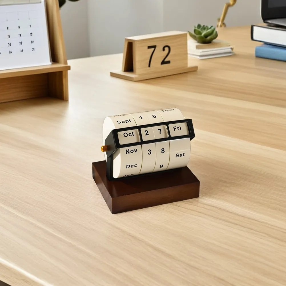 Rotary Perpetual Calendar Wooden Desktop Stable Standing Date Month Display Office Home Decor Vintage Rotary Wheel Calendar