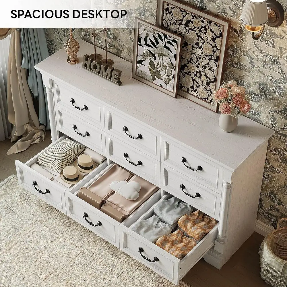 9-Drawer Wide Wood Chest with Column, 65 TV Stand, and Bedroom Storage Solutions for Living Room and Hallway