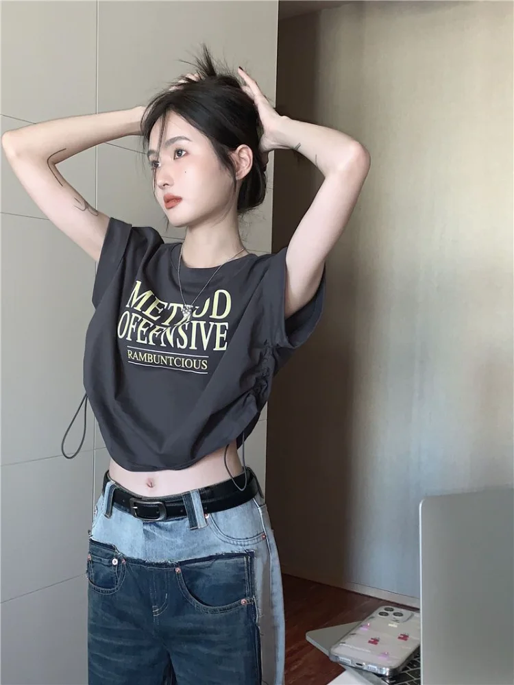 Hikigawa Sweet Y2k Vintage Short Sleeve Letter Print Drawstring Design High Waist T-Shirts Streetwear Slim Crop Tops Ropa Mujer