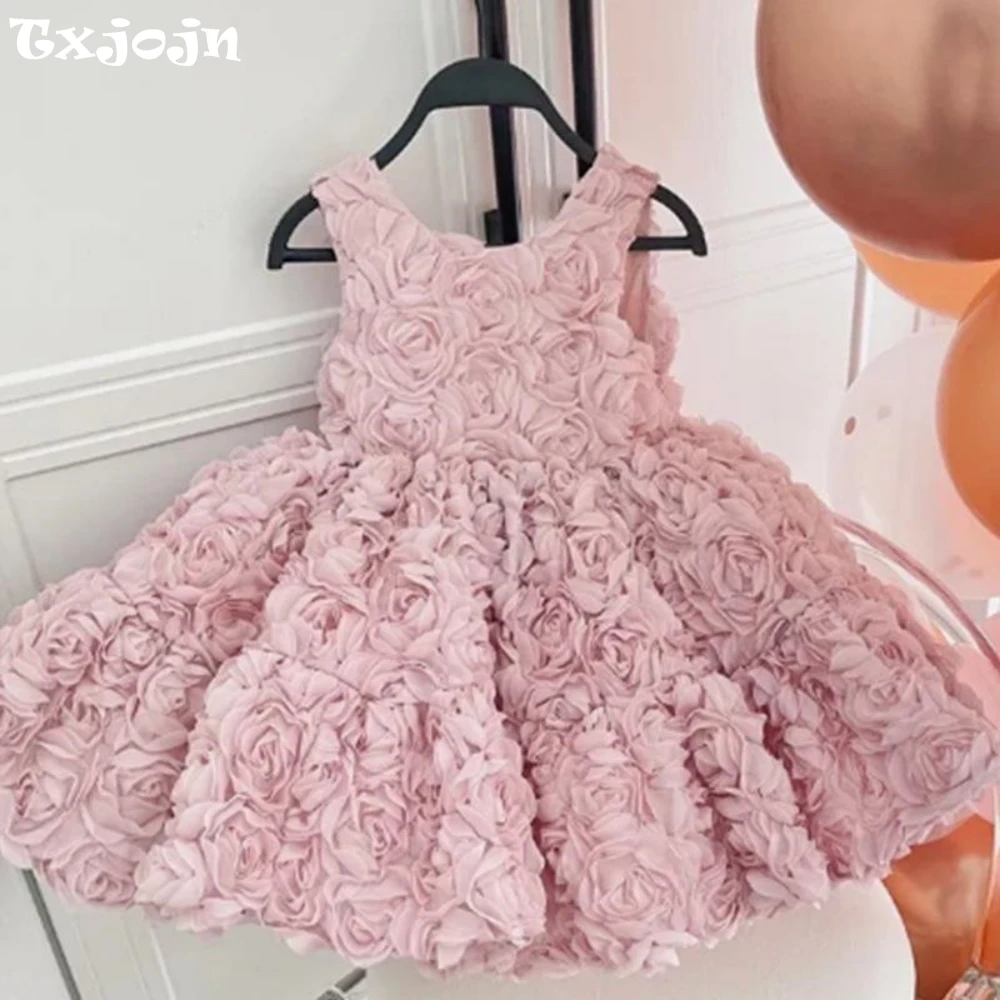 Pink 3D Flower Princess Gown para meninas, portador do anel, vestidos elegantes, Catwalk Show, traje do anfitrião, vestido de casamento doce bonito