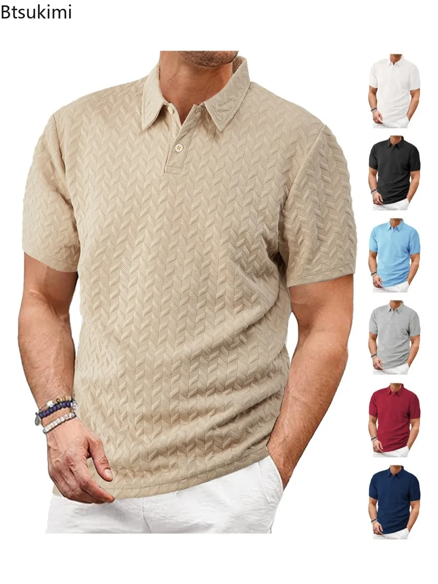 

2025 Men's Summer Polo Shirt Lightweight Breathable Moisture-Wicking Loose Fit Casual Short Sleeve Solid Color Jacquard T-shirt