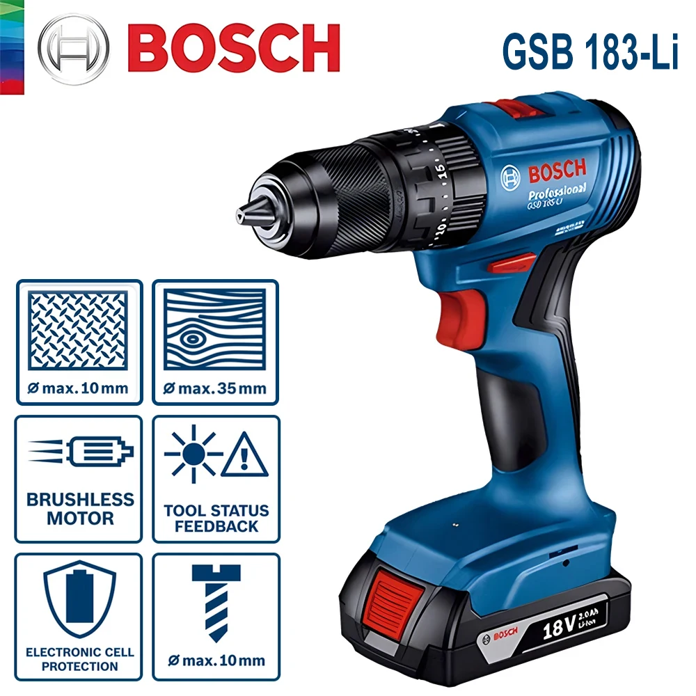 Bosch GSB 183-LI Electric Drill Screwdriver Cordless Brushless Impact Drill Torque Multi-Use Power Tools for Wood Stone Metal