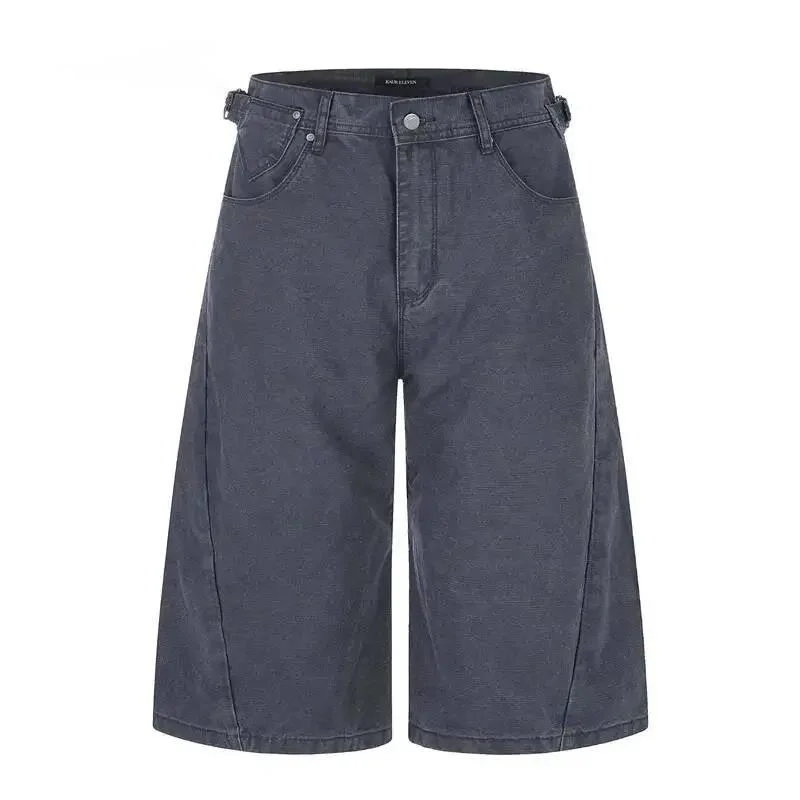 Men's Denim Shorts Summer New Jorts Black Washed Cargo Pants Loose Fit Adjustable Buckle Design Casual Knee Length FNSK