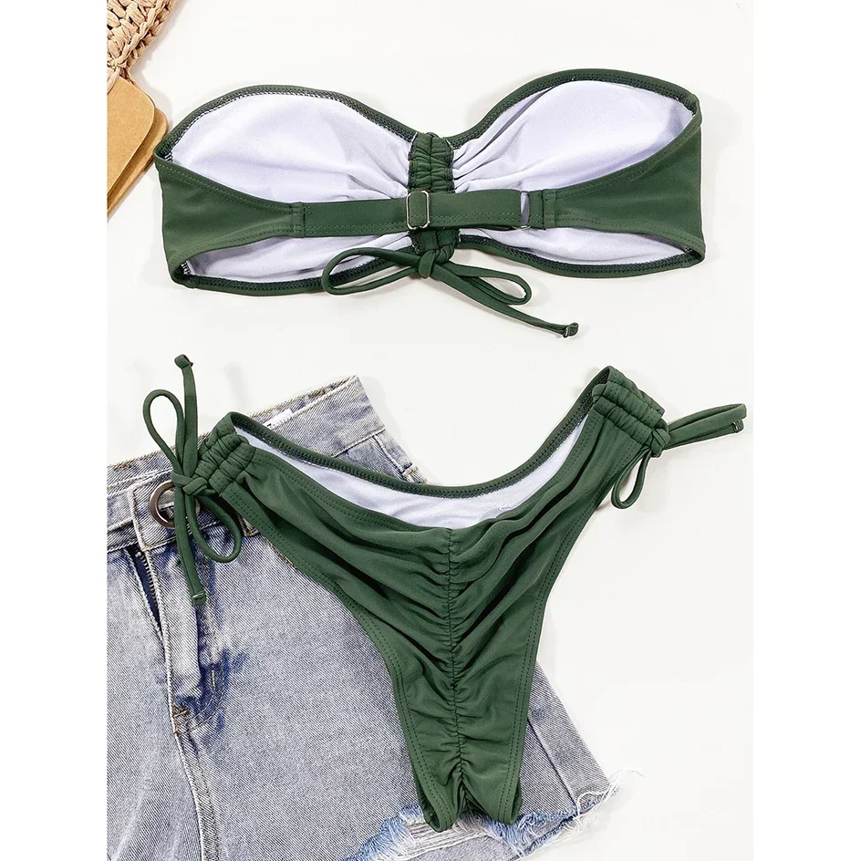 بيكيني مثير 2022 ملابس السباحة النسائية Ruched بعقب العصابة ملابس السباحة ثونغ المؤنث البيكينيات مجموعة 2 قطع امرأة ثوب السباحة ملابس الشاطئ