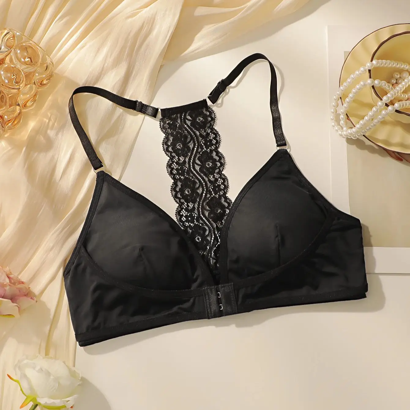 Front Closure Bras for Women No Underwire Lace Lingerie with Removable Soft Pads Comfort Wireless Bralette  Everyday T Shirt Bra