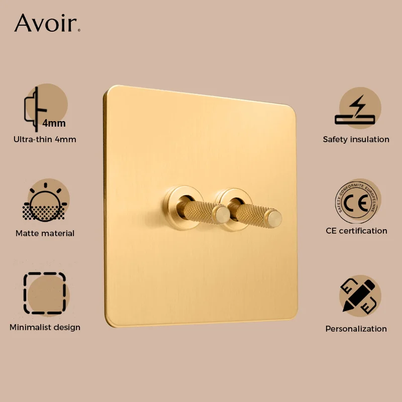 Avoir Wall Toggle Switch 2 Way Gold Copper Carved Lever Double Power Socket Outlets EU French UK Plug Usb Type-c Charging Port