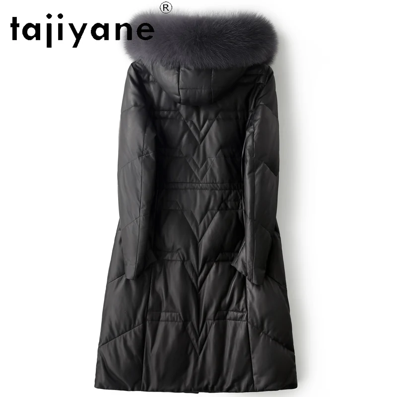 TAJIYANE 100% أعلى الحبوب جلد الغنم أسفل معطف امرأة جلد طبيعي أسود طويل سترة منفوخة الثعلب الفراء طوق 2025 الملابس الشتوية #2
