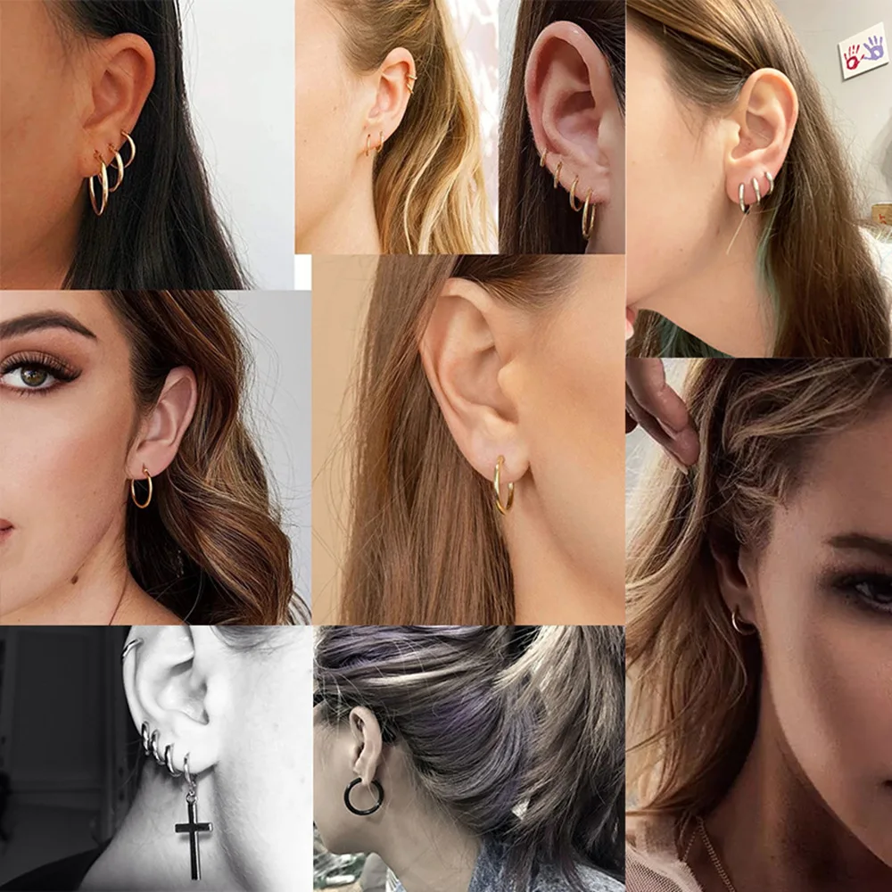 7pcs Small Hoop Earrings Set for Women Men Gold Silver Color Stainles Steel Round Circle Stackable Ear Hoops Piercing Jewelry