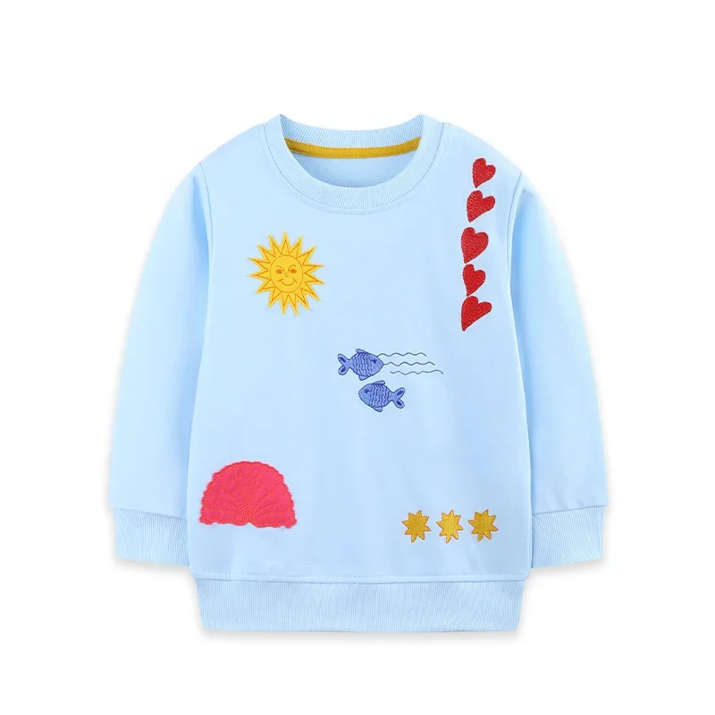 2-7T Kids Girl Sweatshirts 100% Cotton Pullover Tops Sun Fish Heart Embroidery Hoodies Long Sleeve Crew Neck Sweatshirt
