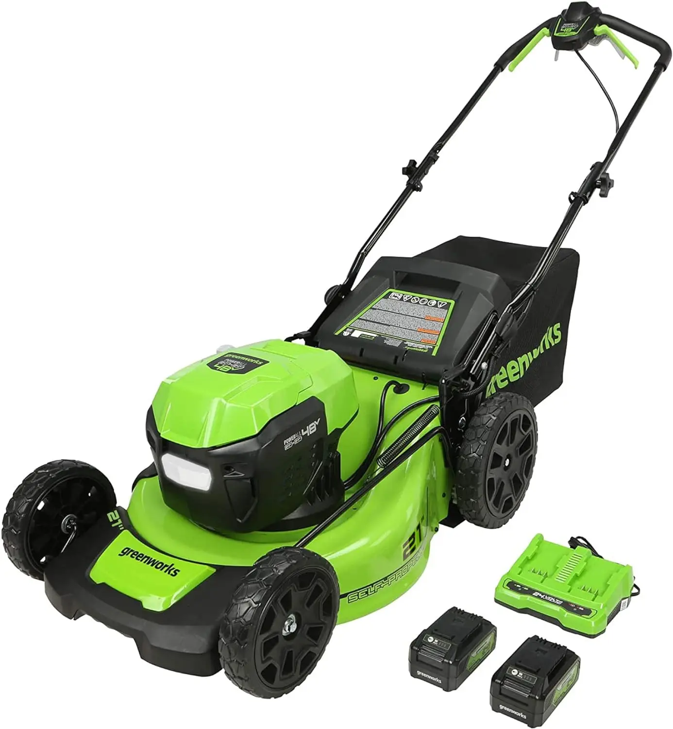 

Greenworks 48V (2 x 24V) 21" Brushless Cordless (Self-Propelled) Lawn Mower (LED Headlight), (2) 5.0Ah Batteries and Dual Port R