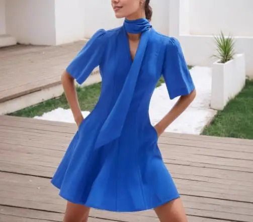 

Women Dress 2026 New Spring Summer Solid Color V-Neck Pocket Design Short Sleeve Cinched Waist Casual Mini A-Line Dress