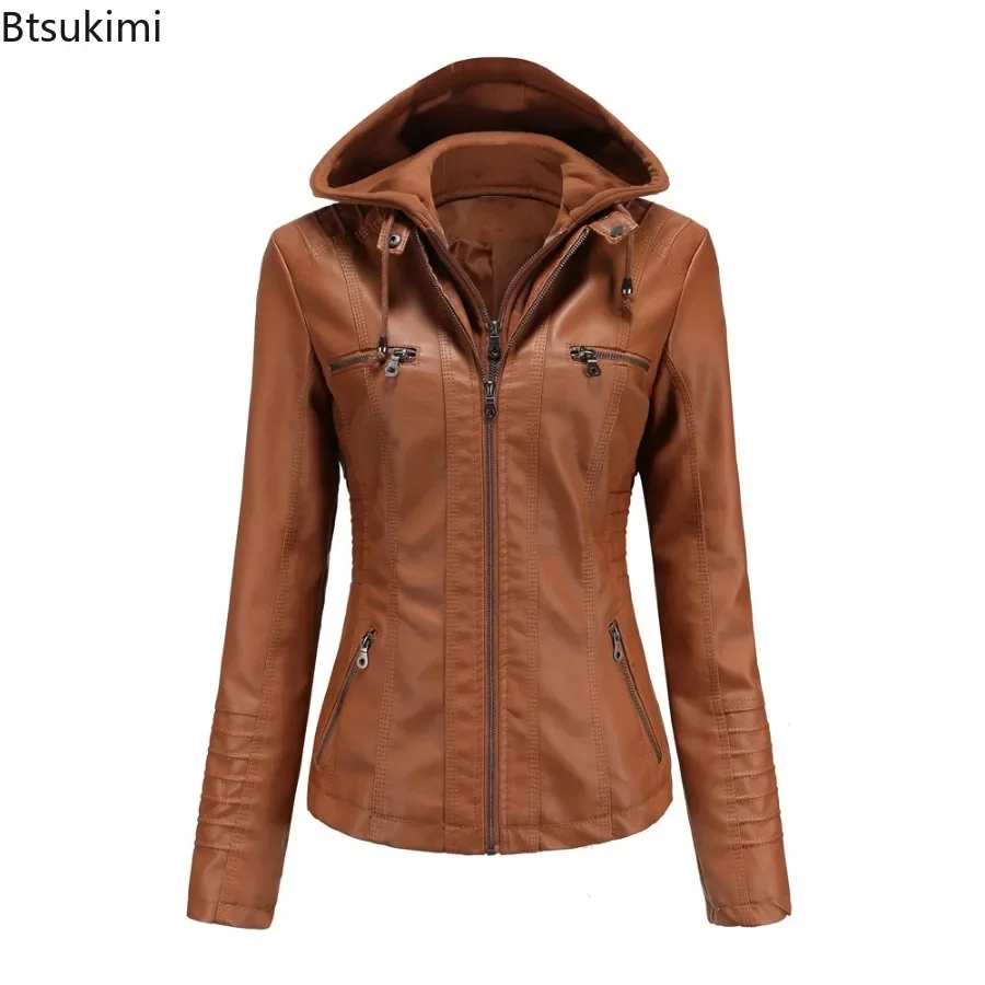 2024 Women\'s Hooded Leather Jacket 2 Pieces Set with Detachable Large Leather Jacket for Women Spring  Autumn PU Leather Jacket