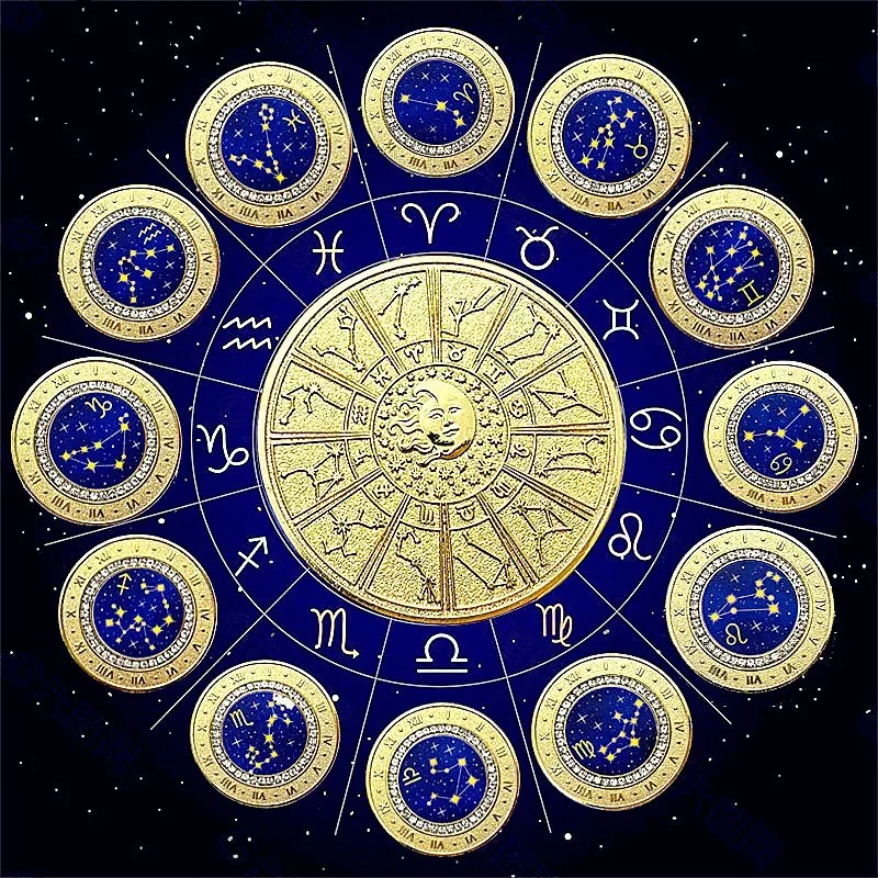 Twelve Constellations Gold Plated Zodiac Coins Set With Rhinestones Crafts For Collectible Souvenir Coin