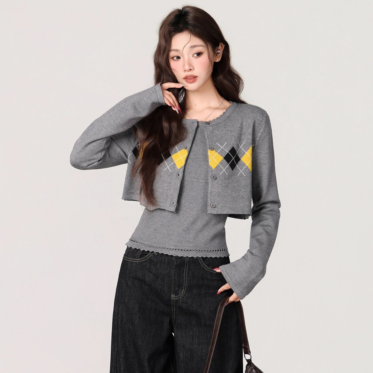 Цвет Blo ort Вязаный открытый кардиган Женский внутренний кружевной комплект Csole Sweet And Spicy Комплект из двух предметов в Корейском стиле Long Sve Wi...