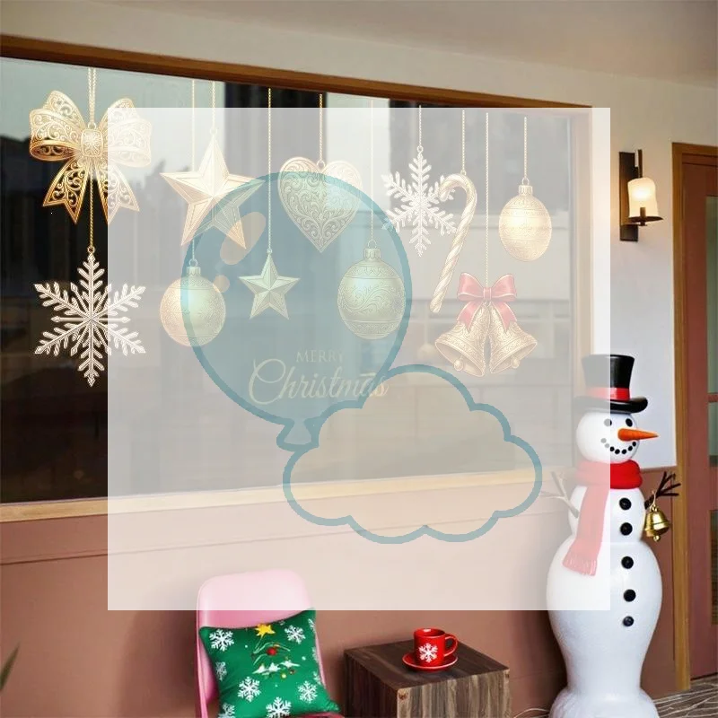 Christmas Ornament Window Cling Static Window Sticker Bells Snowflake Gold Glass Decal Removable Holiday Home Decoration