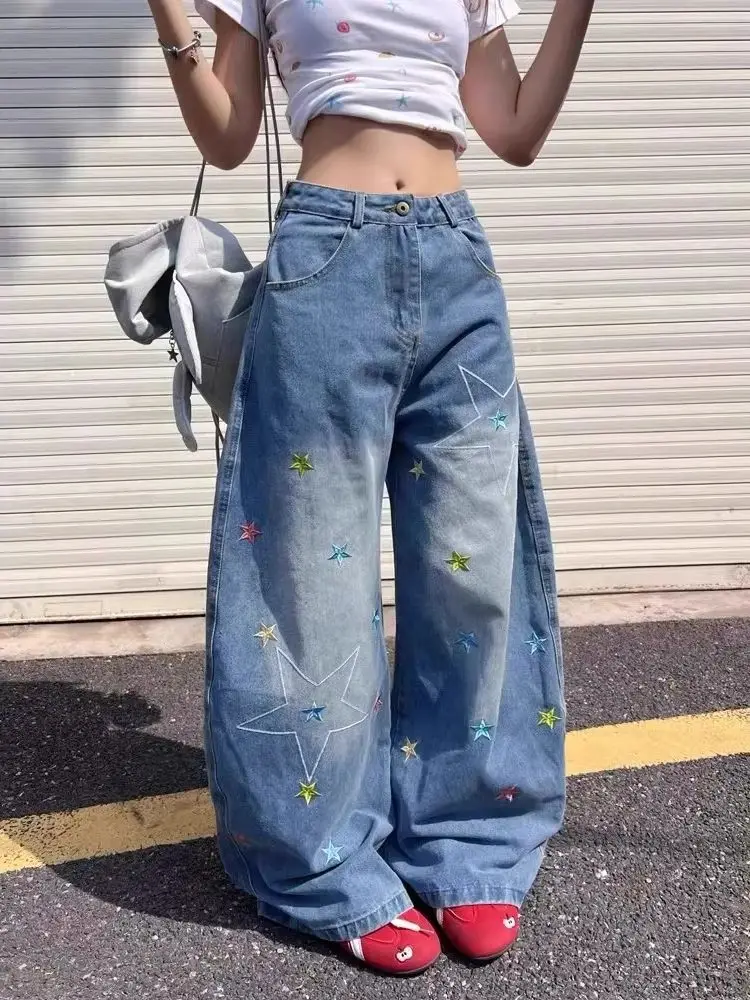 Fashion Street High Waist Woman Jeans Y2K Retro Slimming Casual Women Jeans Blue Simple Basic Chicly Wide Leg Pants Female