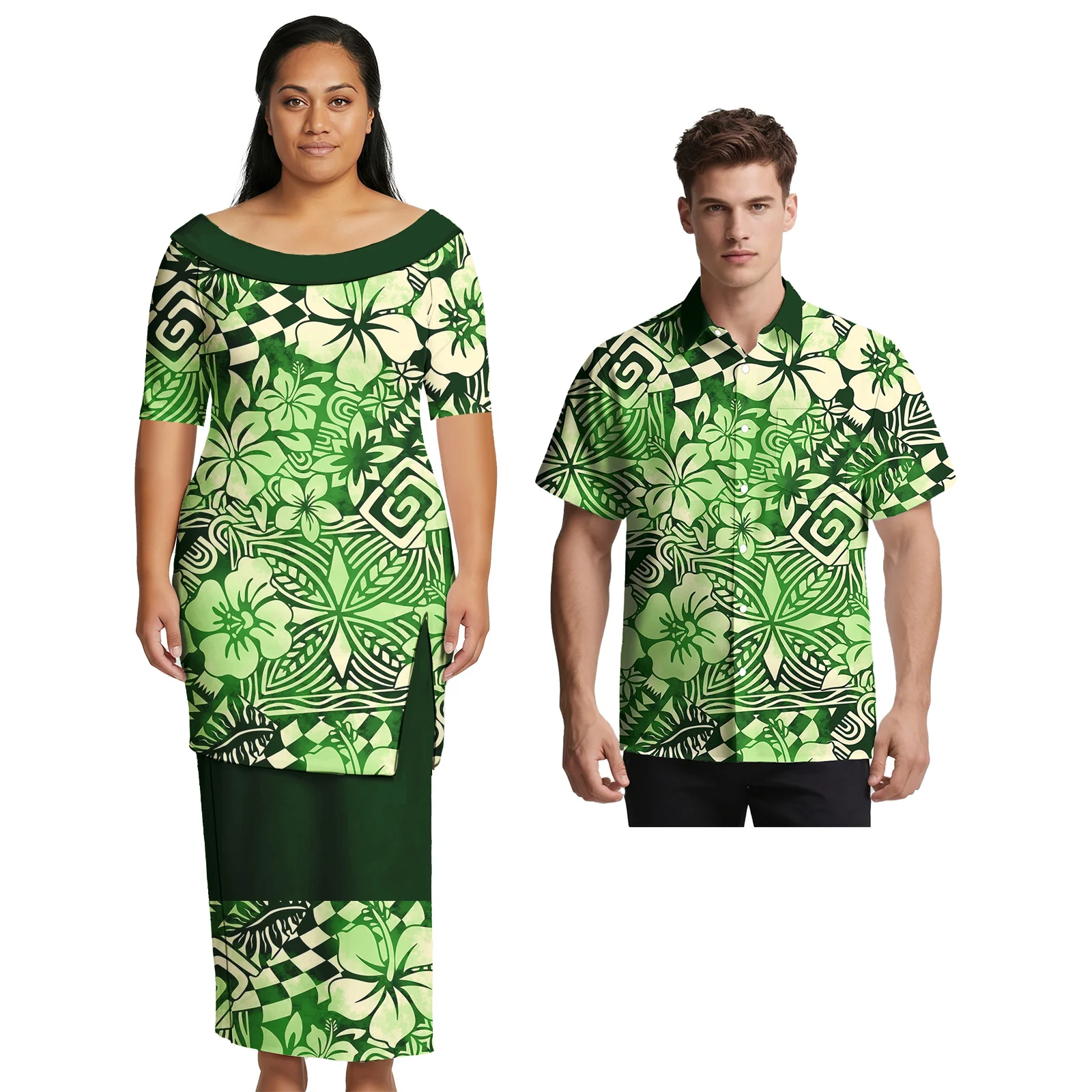 Unisex Plumeria Hawaiian Print Custom Clothes Samoan Couple Suit Polynesian Oversize Women Skirts Men Shirt Couple Match Outfits