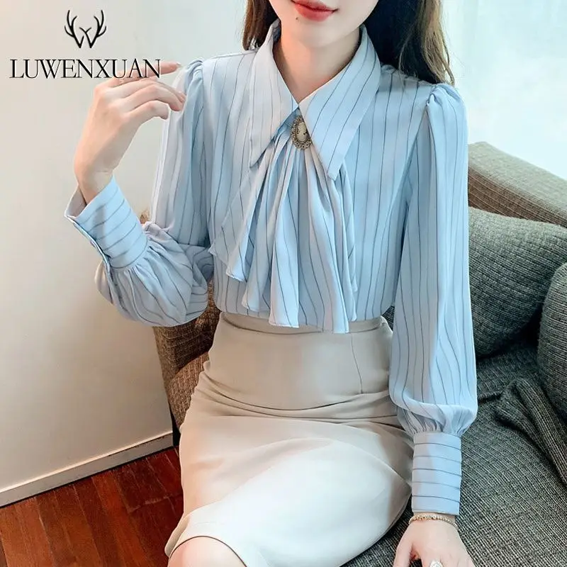 Striped Fashion Loose Blouse Women Clothing New Spring Autumn Long Sleeve Patchwork High Street Youth Shirt Tops Vintage Elegant