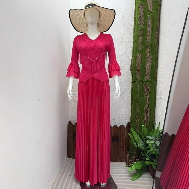 

Middle East Miyake Pleated Solid Color Tassel Beaded Irregular Top Half Skirt Two Piece Set Plus Size Women's Formal Occasion