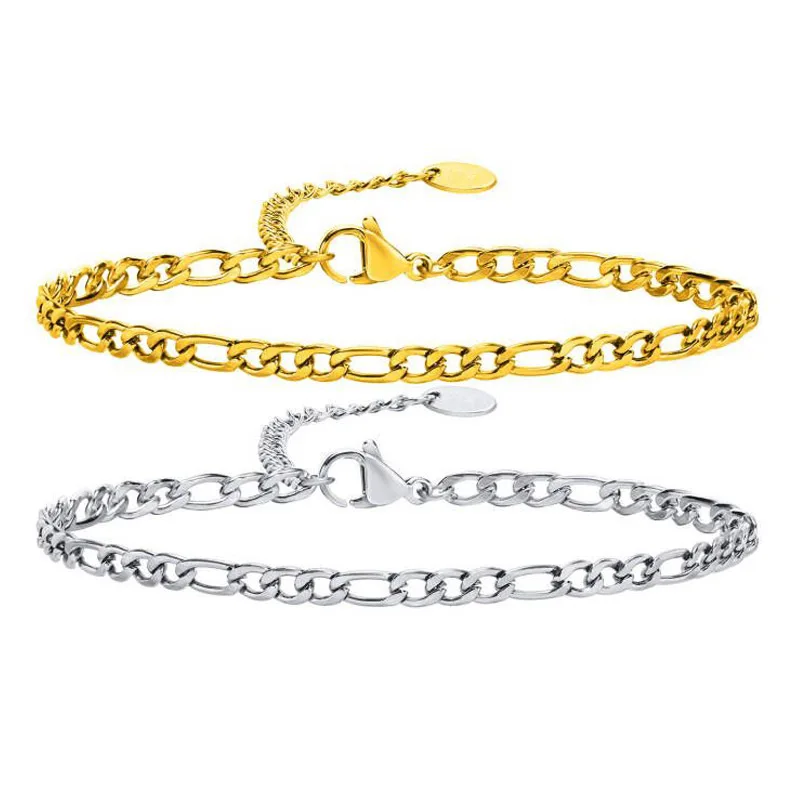 3mm Figaro Chain Bracelet Stainless Steel Gold Plated for Women Adjustable Link Jewelry Gift