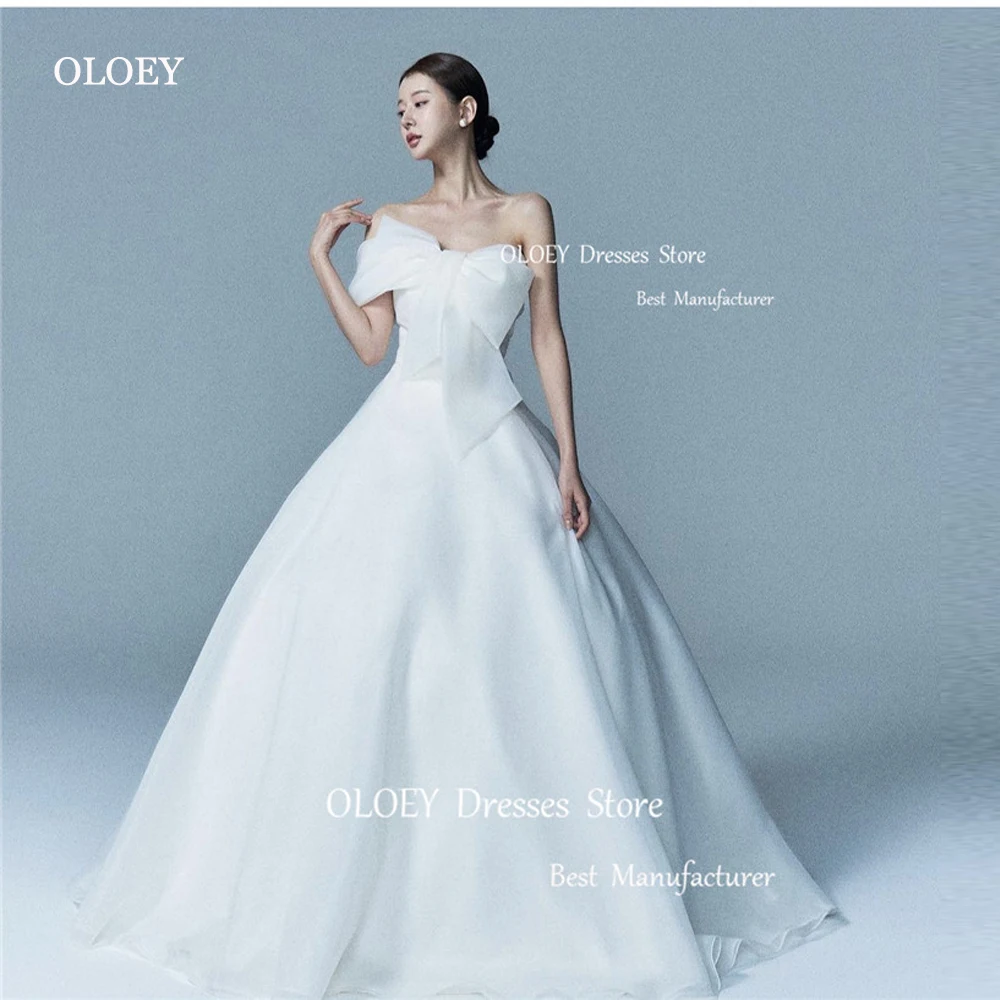 

OLOEY Корейские трапециевидные свадебные платья из органзы для фотосессии без бретелек с бантом и вырезом длиной до пола, корсет, свадебные платья на заказ