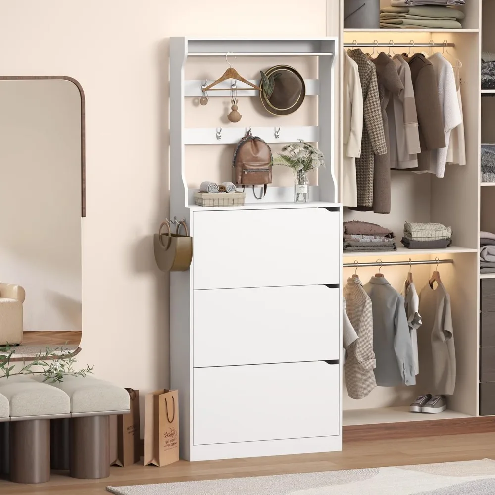 Отдельно стоящий высокий шкаф для обуви с вешалкой для одежды, скрытым хранилищем, дверцами и ящиками, подвесной барной стойкой, крючками, тонким узким дизайном для места