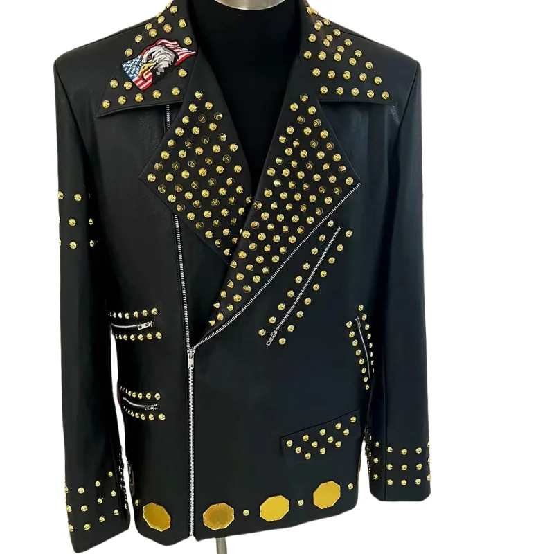 

Punk Style Motocycle Casual Jacket Men's Rivets Printed Leather Coat Party Singer Dancer Performance Wear