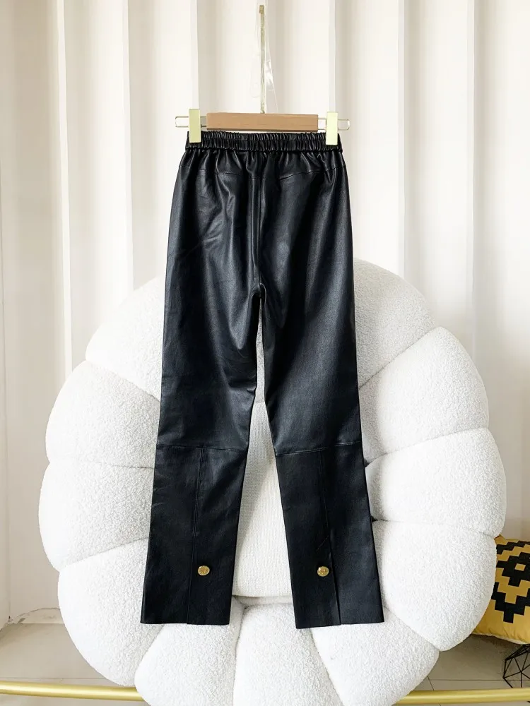 Women Genuine Leather Pants Elasitc Waist Slim Fit Spring New Black Real Sheespskin Stretchy Pencil Pants Female Casual Trousers