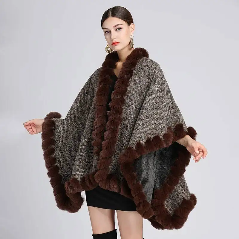 

Thicken Faux Rex Rabbit Fur Cape Big Shawl Fashion Women Wraps Knit Cardigan Coat Veet Lining Warm Cloak Fall Winter Kgs