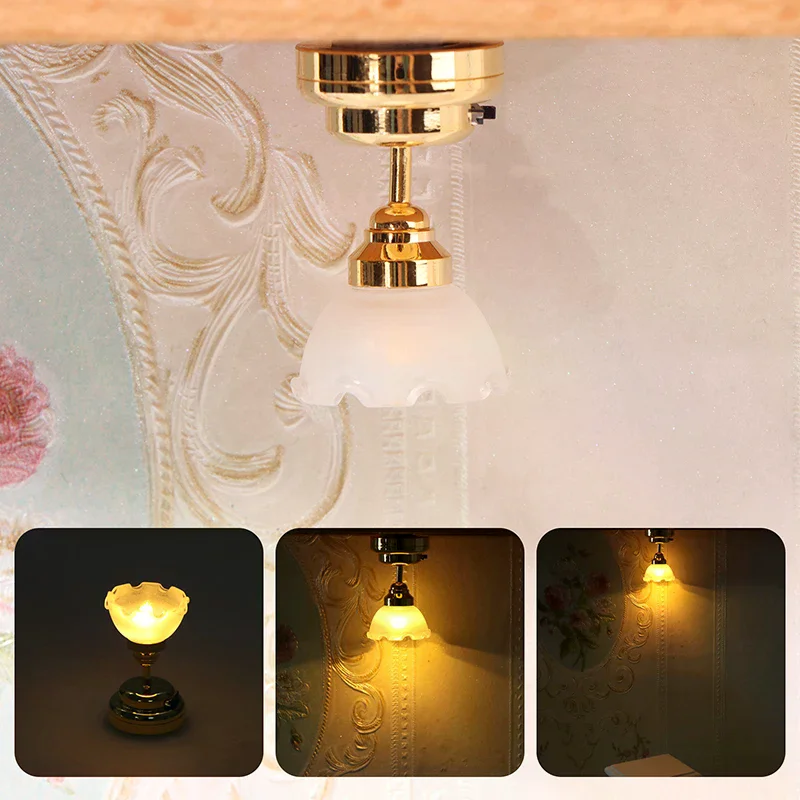 1:12 Dollhouse Miniature LED Light Ceiling Lamp Chandelier Furniture Lighting Home Model Decor Toy Doll House Accessories