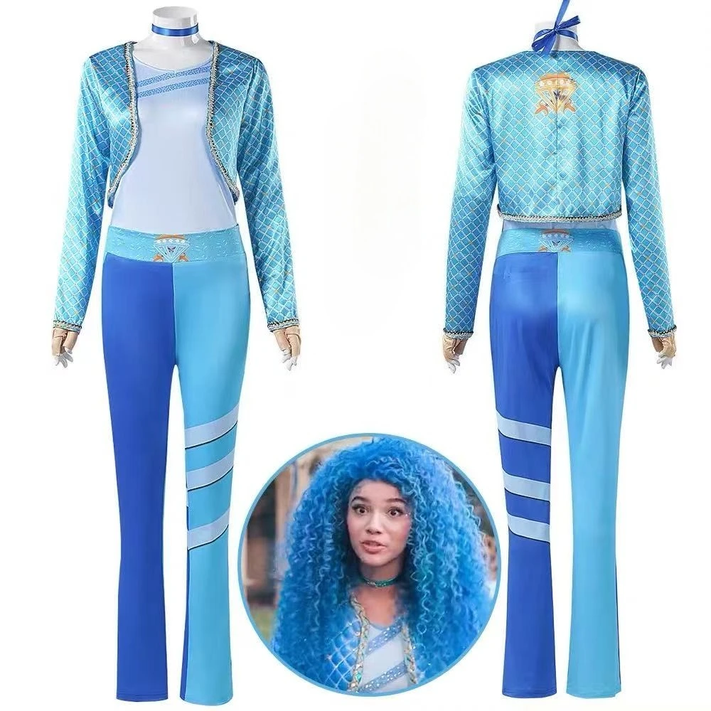 Costume de cosplay TV Descendants: The Rise of Red, costume de princesse bleue, ensemble chemise, pantalon et manteau pour femme, costume de fête d'Halloween et de carnaval