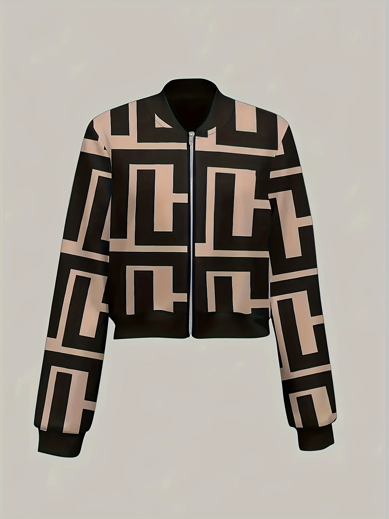 Baseballjacke mit geometrischem Print für Damen, lässige Reißverschlussjacke im Commuter-Stil – Detail 3